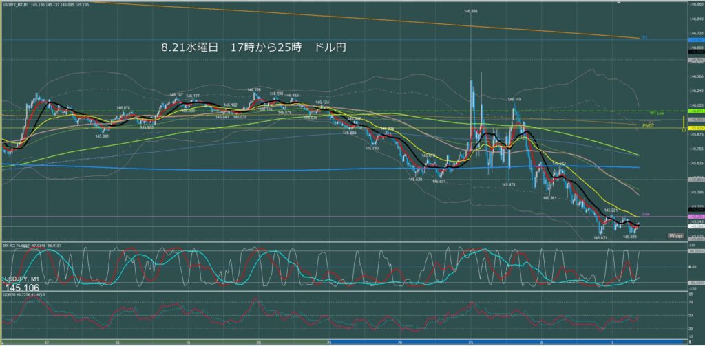 ロンドン～ニューヨーク　ドル円1分足チャート　水曜日　8月21日