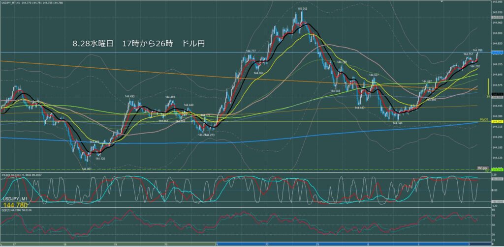 ロンドン～ニューヨーク　ドル円1分足チャート　水曜日　8月28日