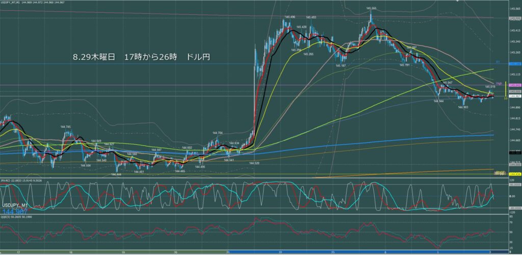 ロンドン～ニューヨーク　ドル円1分足チャート　木曜日　8月29日　