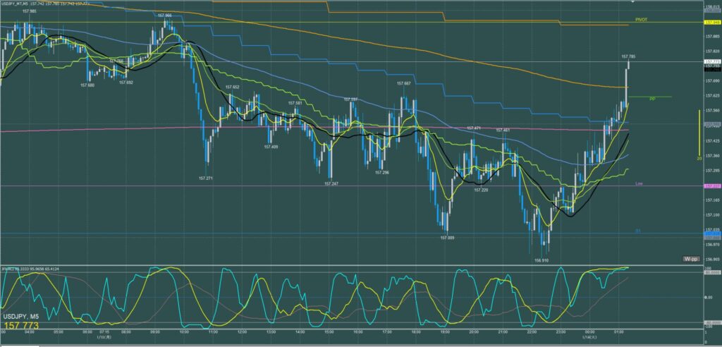 ドル円5分足チャート　月曜日　1月13日