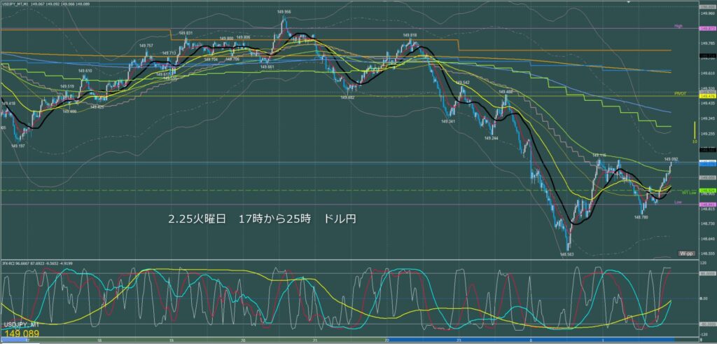 ロンドン～ニューヨーク　ドル円1分足チャート　火曜日　2月25日