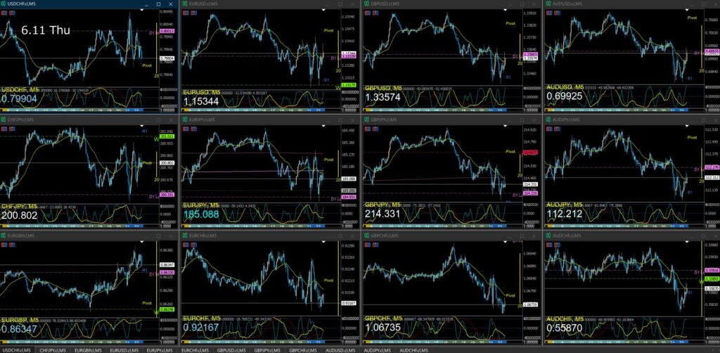 監視12通貨ペア5分足チャート 木曜日 6月11日